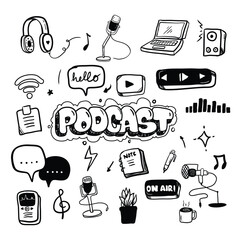 Podcast doodle icons vector set. Hand drawn style illustration