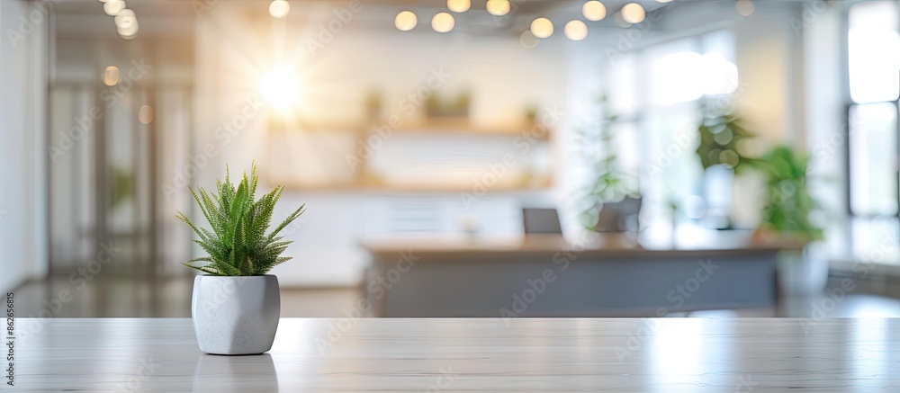 Poster blurry office background behind a table with copy space image.