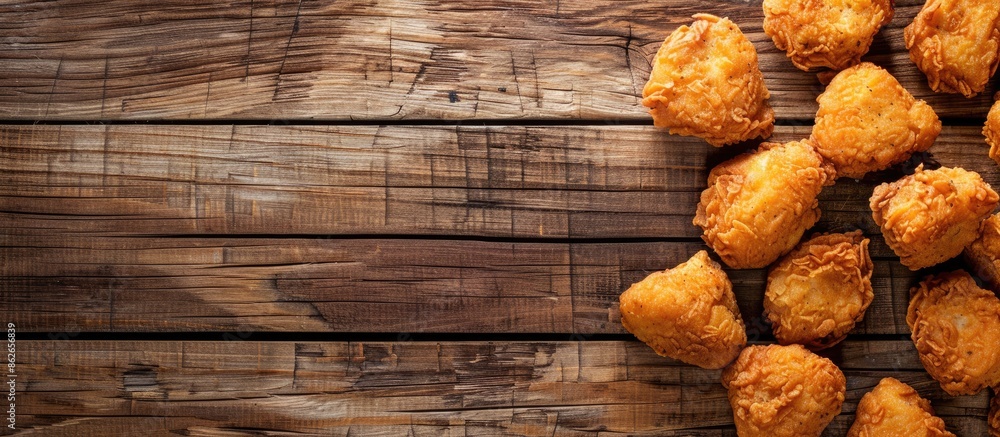 Aufkleber Top view of chicken nuggets on a wooden background with depth of field and a blank space for text or images. Copy space image. Place for adding text and design