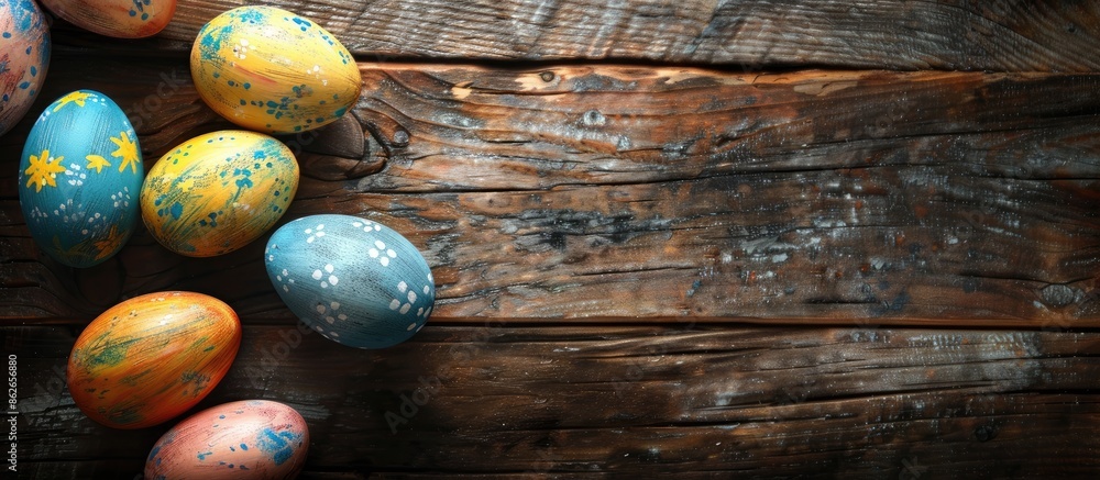Aufkleber colorful easter eggs rest on aged wooden backdrop, ideal for easter holiday themed projects, with ro