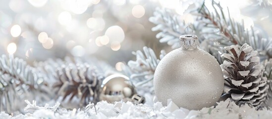 White Christmas card adorned with silver ball and decoration, ideal for festive greetings, featuring copy space image.