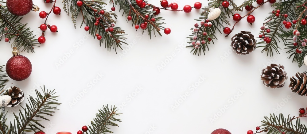 Aufkleber Top view of Christmas arrangement on a white backdrop with ample copy space image.