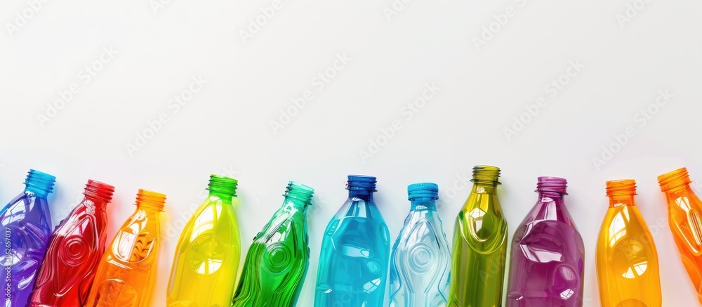 Poster recyclable waste includes colorful plastic bottles with copy space image.