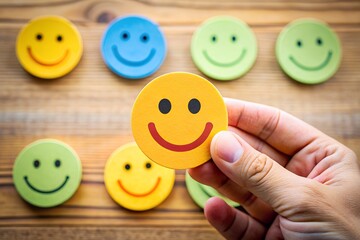 Hand choosing happy smile face paper cut, good feedback rating and positive customer review, mental health assessment, child wellness,world mental health day, think positive, compliment day concept