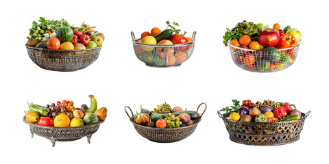 A metal shopping basket full of colorful vegetables, tomatoes, peppers and broccoli on a white background, in a studio shot, with high resolution photography, high detail, in the style of hyper realis