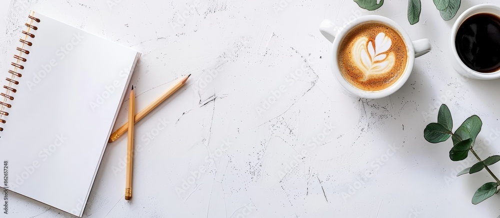 Poster workspace set on a white backdrop featuring a craft paper notebook, a pencil, and a coffee cup. perf