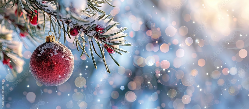 Poster selective focus on a bauble hanging from a pine tree branch with festive decorations in the snow, cr