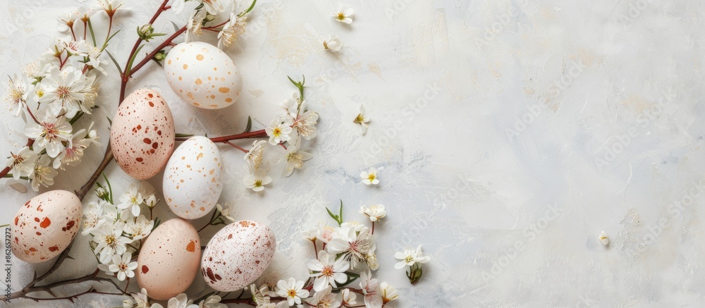 Poster View from above of a simple natural Easter greeting card concept adorned with eggs and spring flowers, featuring copy space image.