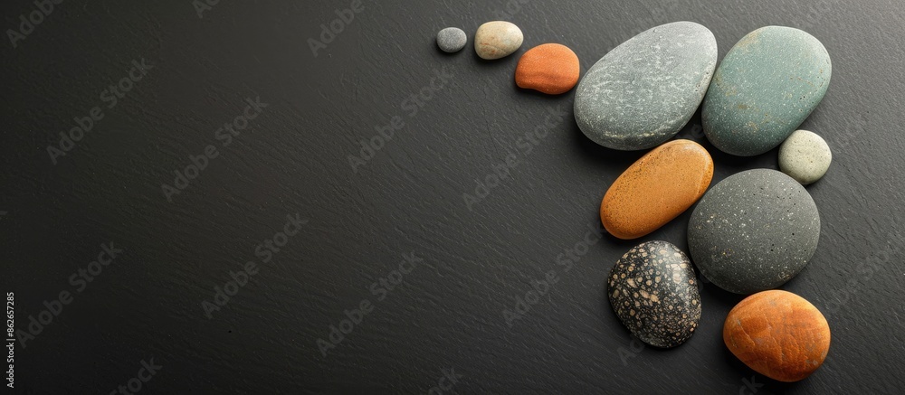 Poster sea stones arranged in a minimalistic style on a black background with copy space image.