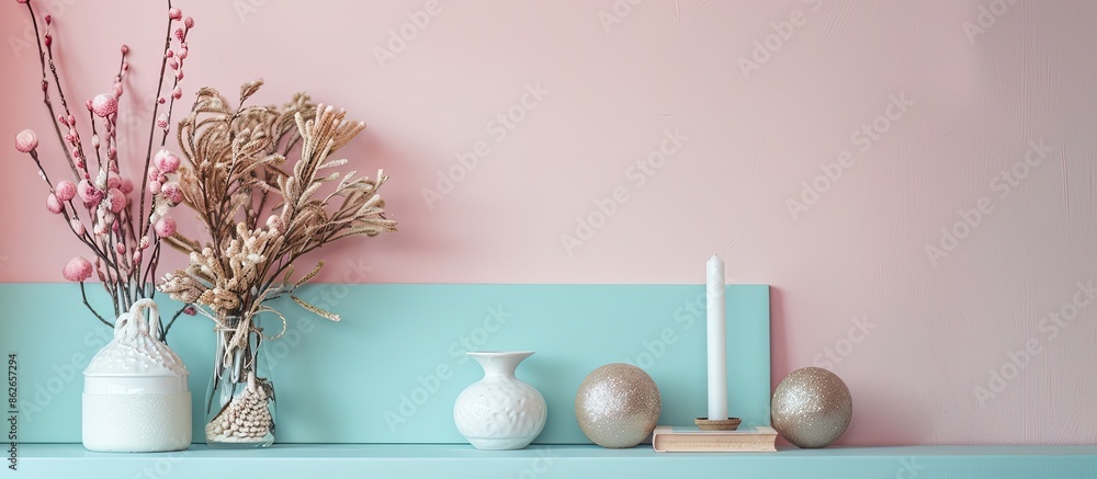 Aufkleber Elegant shelf with decorations on a colorful backdrop, perfect for a copy space image.