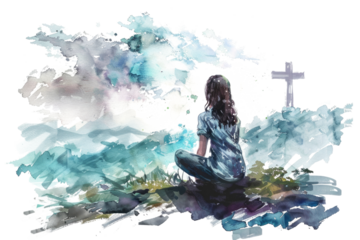 watercolor drawing of a young woman praying next to christian cross