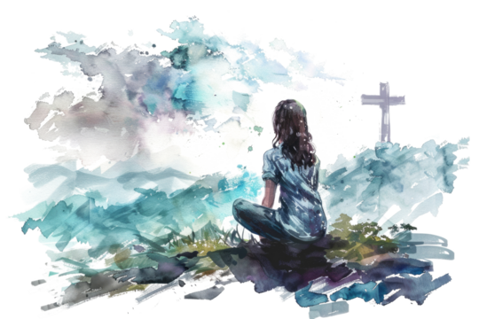 watercolor drawing of a young woman praying next to christian cross