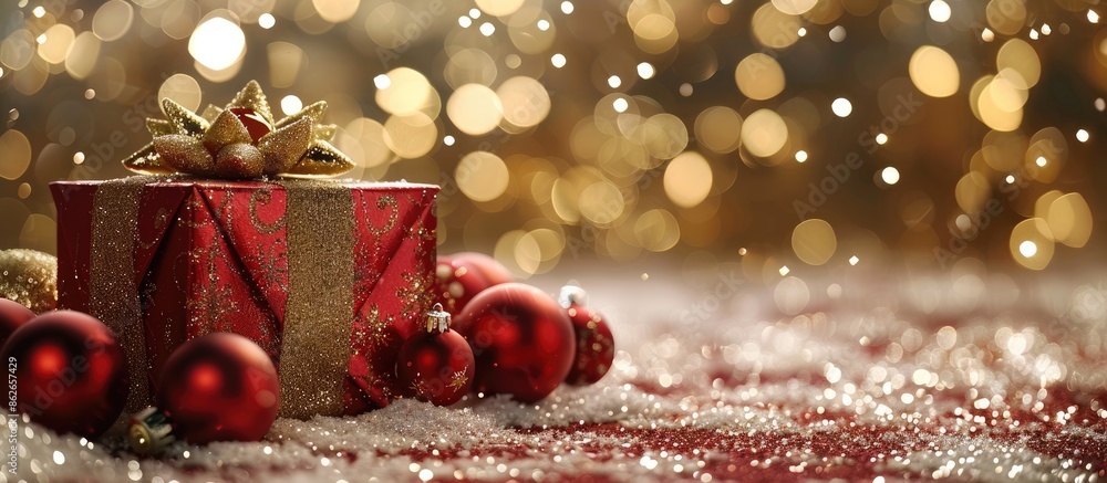 Aufkleber Festive red Christmas gift box on a golden bokeh background with decorations and baubles, providing space for an image. Copy space image. Place for adding text and design