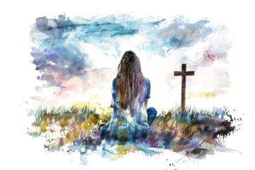 watercolor drawing of a young woman praying next to christian cross