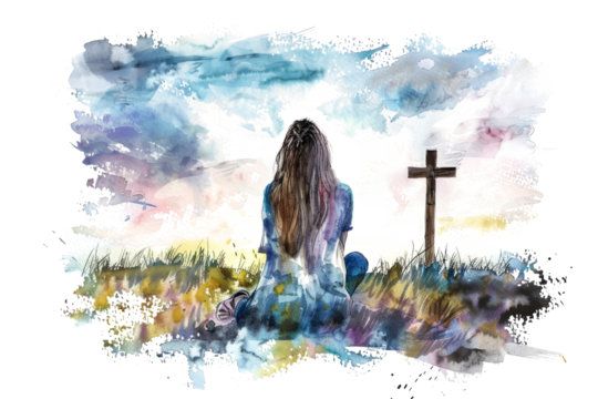watercolor drawing of a young woman praying next to christian cross