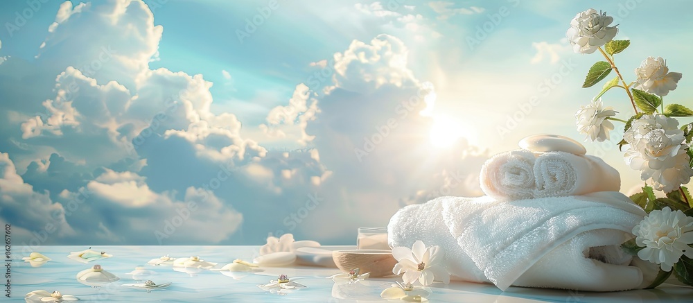 Poster massage therapy objects set up at a spa with a serene background featuring a sky filled with clouds 