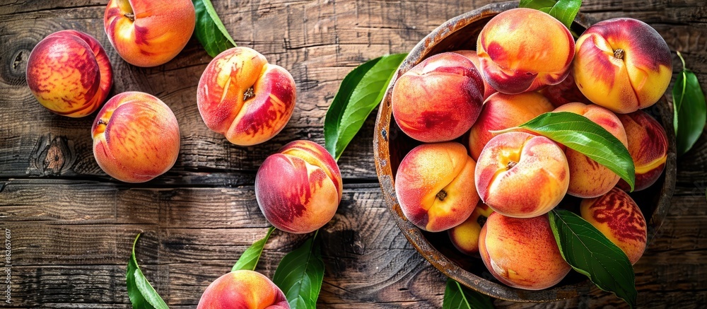 Poster top view of peaches in a bowl on a rustic wooden table with copy space image.