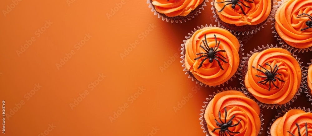 Poster view from above of tasty halloween cupcakes adorned with spiders on an orange backdrop, providing ro