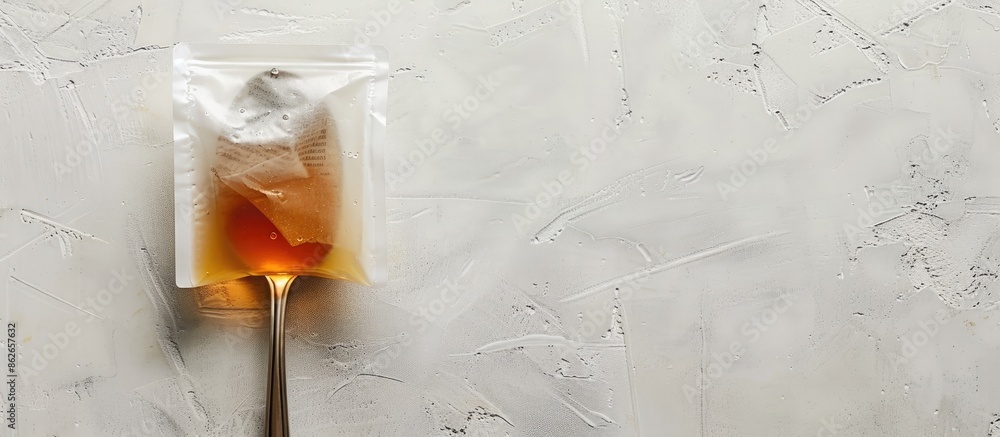 Poster tea bag placed on a spoon against a light background with copy space image.