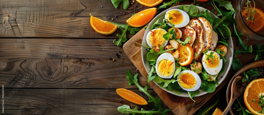 Poster on a wooden table, view from above, a nutritious diet menu including chicken salad, egg pancakes, or