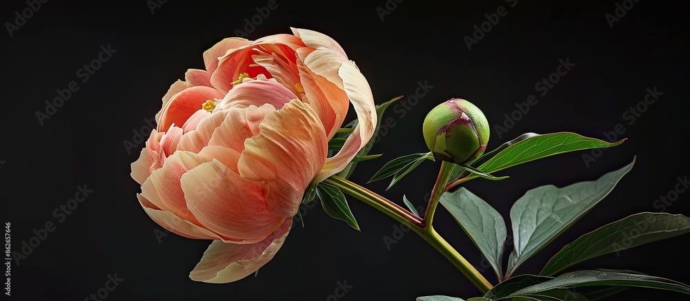 Poster A beautiful peony with a bud and a leaf next to copy space image for a holiday greeting card.