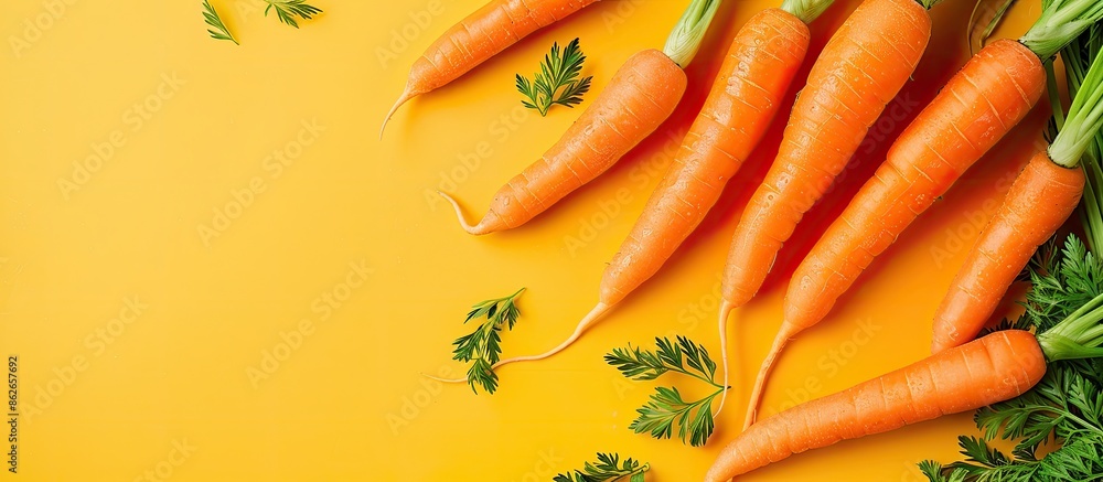 Poster Fresh carrots arranged on a bright background with space for text or other elements, seen from above. Copy space image. Place for adding text and design