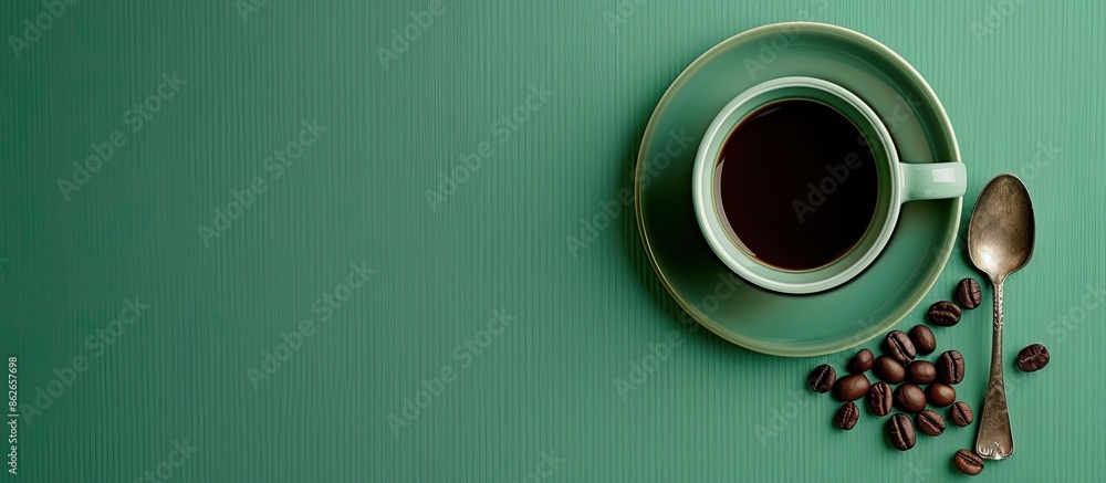 Poster coffee cup, spoon, and coffee bean on a green backdrop, with space for adding more images. copy spac