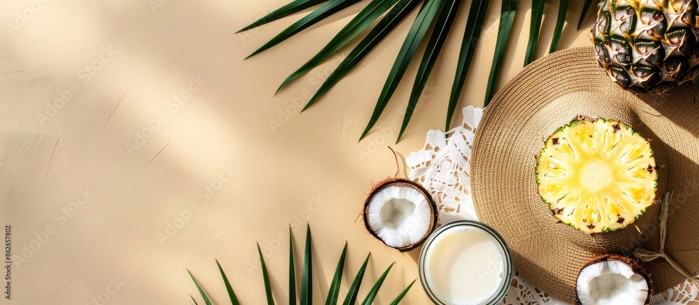 Poster Top view of a tropical setup featuring a ripe pineapple, cracked coconut with milk and a hat on a flat surface with a copy space image, evoking a summer vibe.