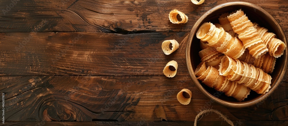 Leinwandbilder wooden table with a bowl of wafer rolls, perfect for adding text to the copy space image.