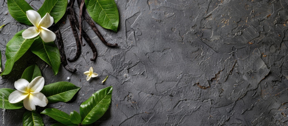 Aufkleber top-down view of vanilla pods, leaves, and flowers arranged on a textured gray table, with ample spa