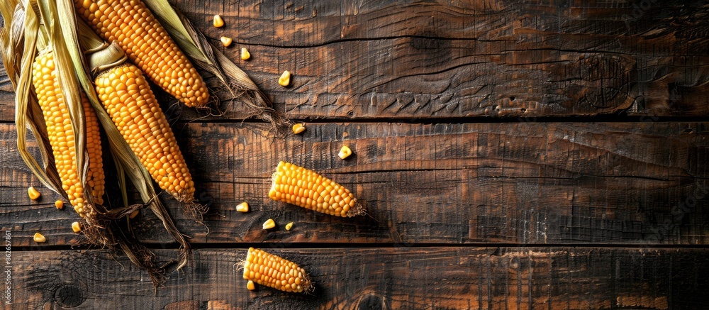 Poster Top-down view of two-toned corn on a wooden backdrop with ample copy space image.