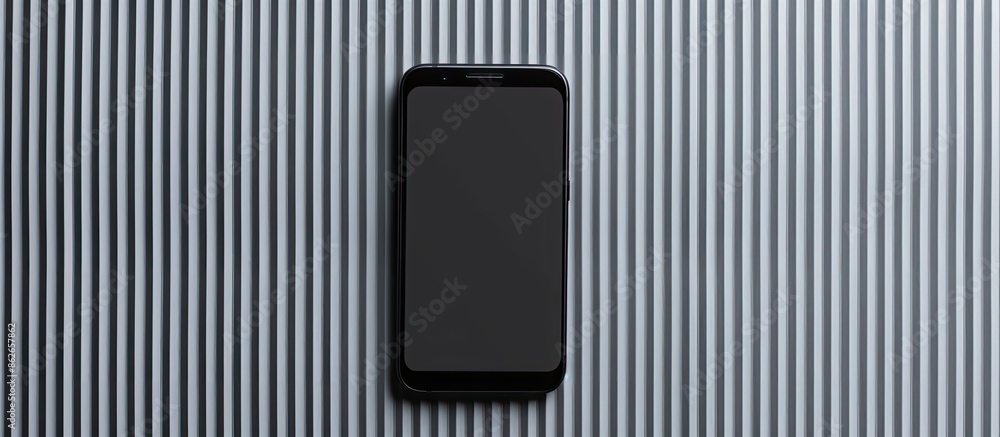 Aufkleber close-up image of a smartphone on a gray striped backdrop with copy space. emphasis on the phone scr
