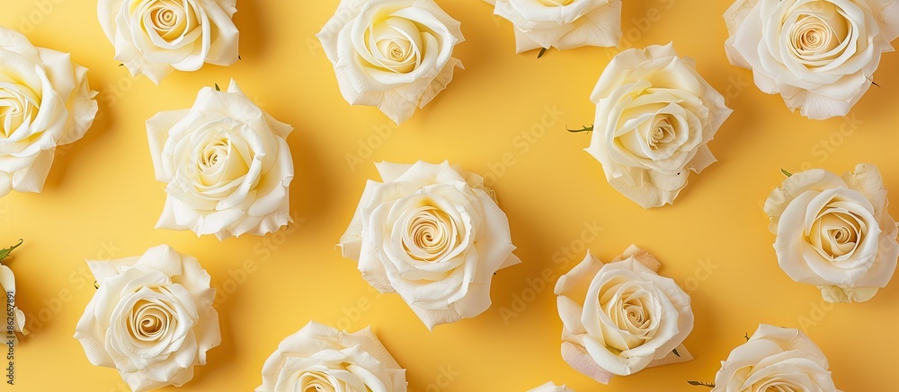 Fototapete Top view photo of white roses on a yellow background with space for text or image overlaid. Copy space image. Place for adding text and design