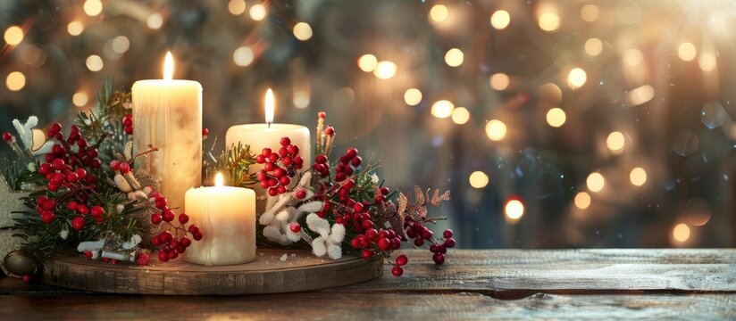 An attractive advent and Christmas floral display with three lit candles on a wooden surface, against a beautifully illuminated backdrop with copy space image.