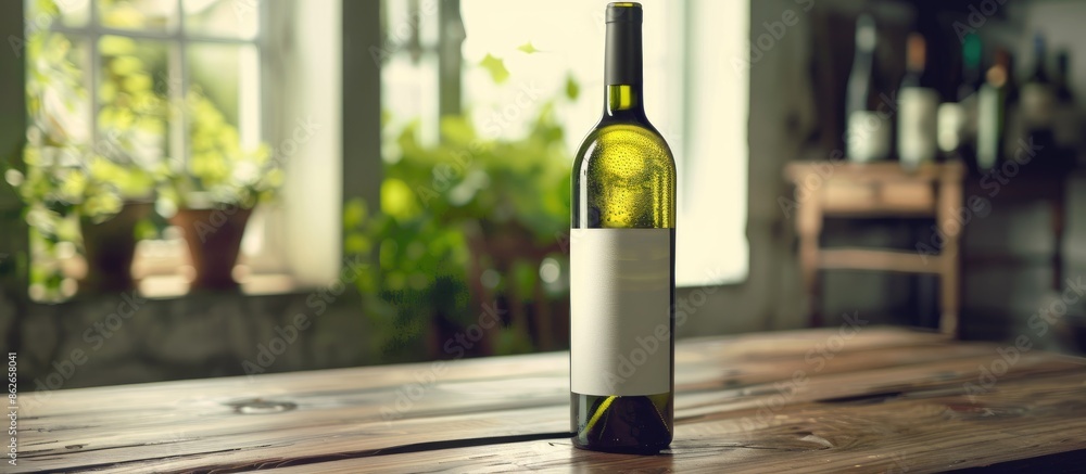 Poster White wine bottle intact on aged table, shallow depth of field highlighting the foreground, with room for text or elements in the image. Copy space image. Place for adding text and design