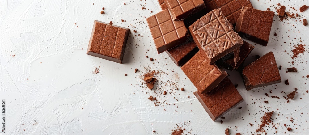 Poster cubes of cocoa wafers on white backdrop with room for text, chocolate wafers, and crumbs. copy space