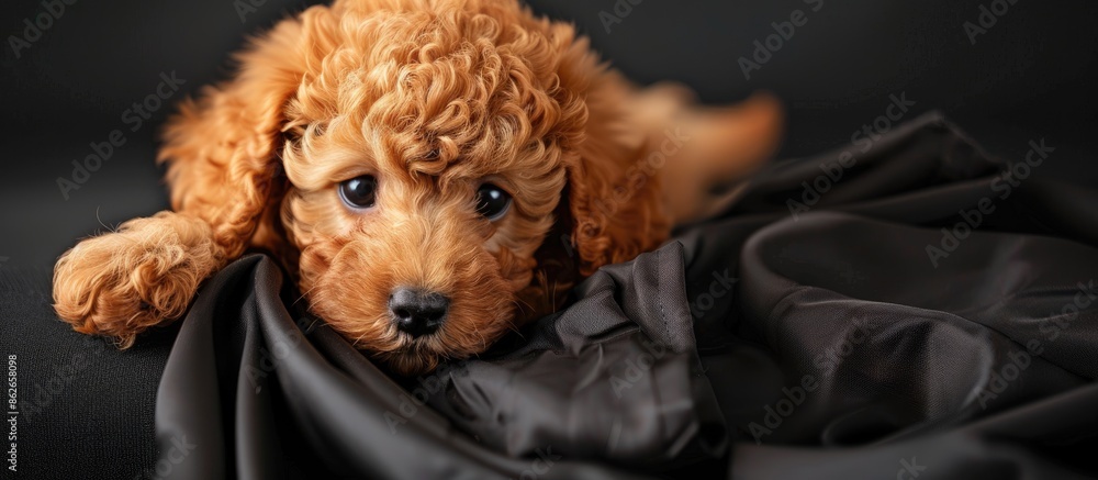 Poster a solo poodle puppy rests on a black cloth with a background for copy space image.