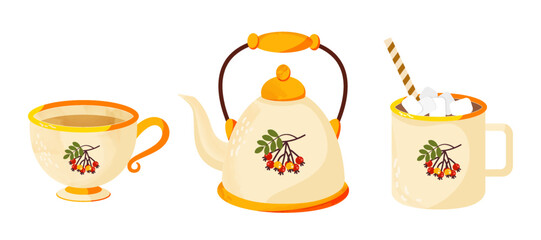 Set teapot, tea cup and cocoa mug with rowanberries. Autumn vibe. Vector illustration