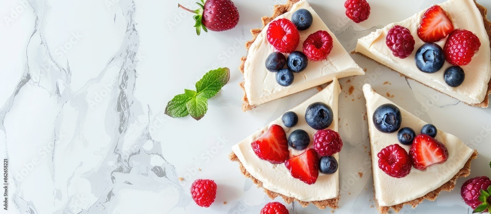 Aufkleber delicious cheesecake slices adorned with fresh berries on a serene white backdrop in a copy space im