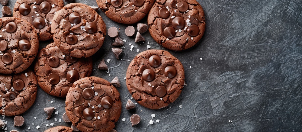Leinwandbilder Chocolate cookies with a grey background, leaving empty space for text or other elements in the image. Copy space image. Place for adding text and design
