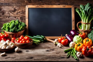 A variety of fresh vegetables radishes arranged on a rustic wooden surface with a chalkboard in a wooden frame in the background, Vibrant colors and a wood-paneled background.

