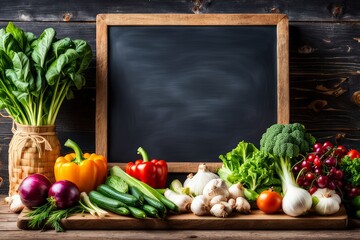 A variety of fresh vegetables radishes arranged on a rustic wooden surface with a chalkboard in a wooden frame in the background, Vibrant colors and a wood-paneled background.
