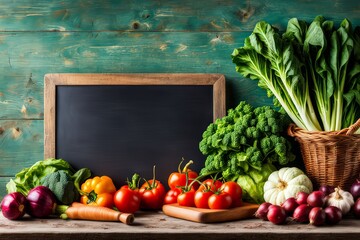 A variety of fresh vegetables radishes arranged on a rustic wooden surface with a chalkboard in a wooden frame in the background, Vibrant colors and a wood-paneled background.
