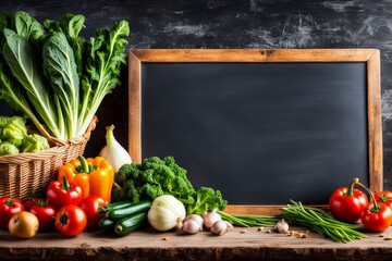A variety of fresh vegetables radishes arranged on a rustic wooden surface with a chalkboard in a wooden frame in the background, Vibrant colors and a wood-paneled background.
