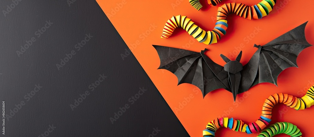 Poster colorful worms and a paper bat on an orange and black background with copy space image.