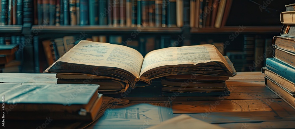 Poster a hardback book is open on a wooden table, surrounded by more books. back-to-school vibes are presen