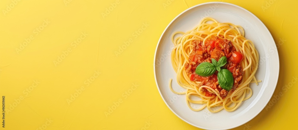 Poster top view of a plate of spaghetti pasta bolognese adorned with tomato sauce, basil, on a creative yel