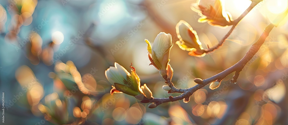 Poster Copy space image showing tree buds blooming in early spring with a blurred background for added focus.
