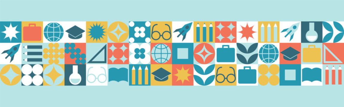 School seamless background for a stand made of geometric shapes, colored mosaic in a trendy style. Student and office worker template for wallpaper and web cover - globe, book. glasses, pencils.