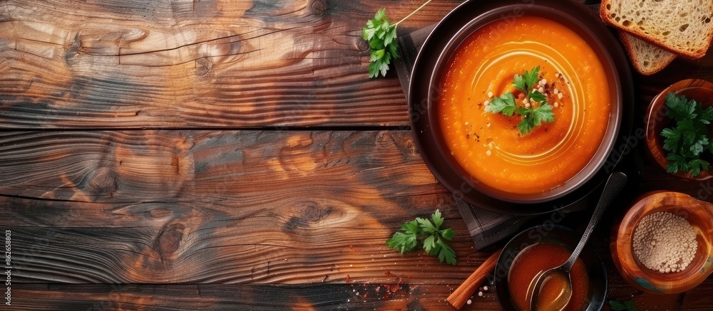 Poster Top view image featuring dietary carrot puree soup with toast bread, with a free copy space.